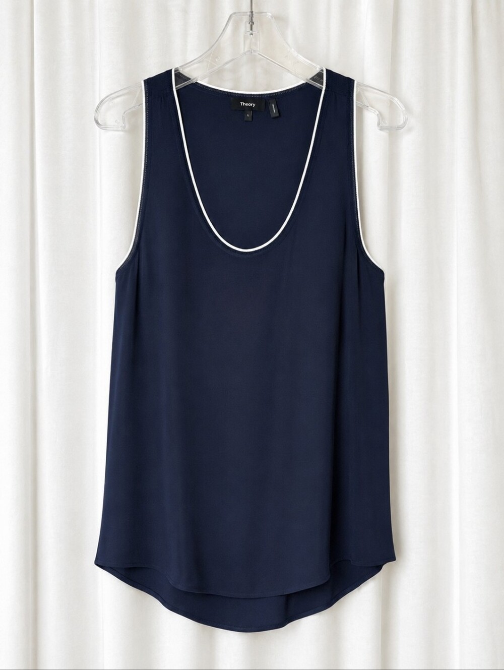 Theory Navy Blue Silk Contrast Trim Shell Tank Quiet Luxury Chic Designer Blouse